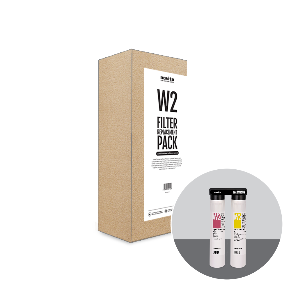 novita W2 Filter Replacement Pack with two bottles and a box.