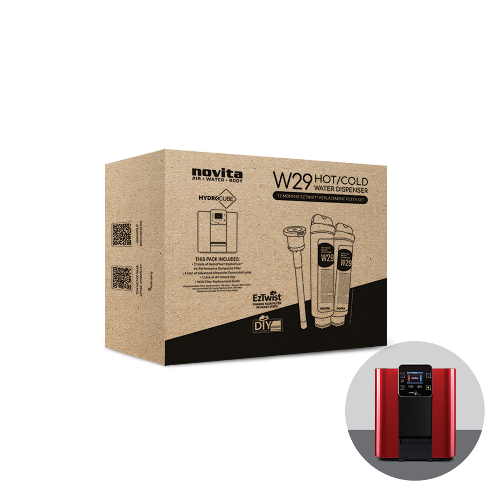 A box with a novita Hot & Cold Water Dispenser Filter Replacement Service and a box with a novita Hot & Cold Water Dispenser Filter Replacement Service.